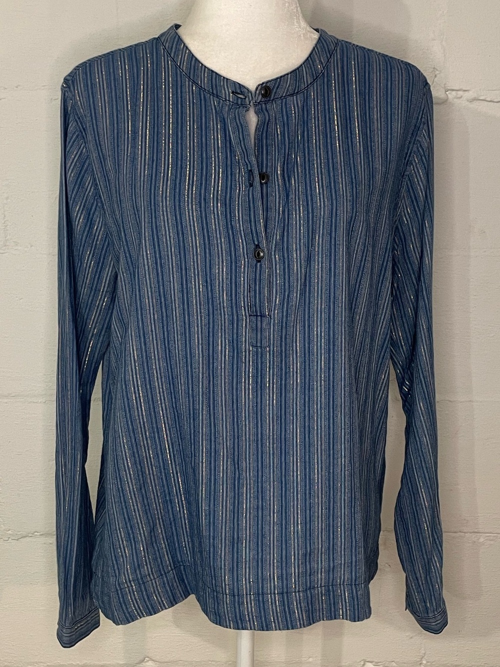 dylan Blue Striped Metallic Henley Blouse